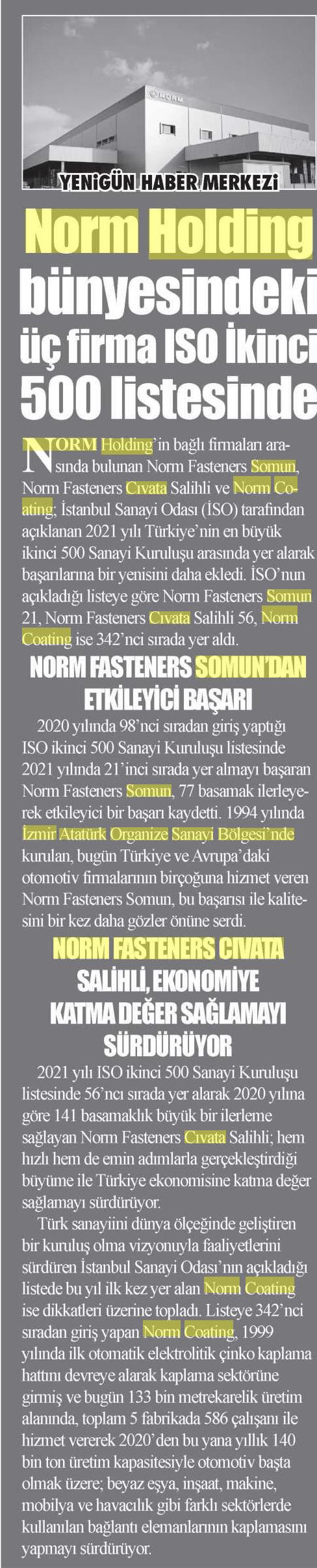 Norm Holding bünyesindeki üç firma ISO İkinci 500 listesinde