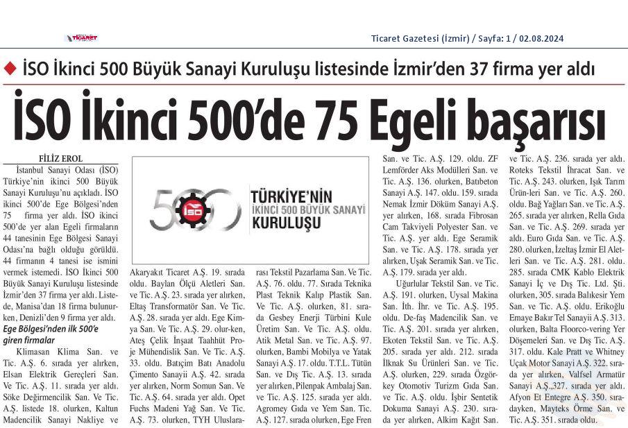 İSO İkinci 500’de 75 Egeli başarısı