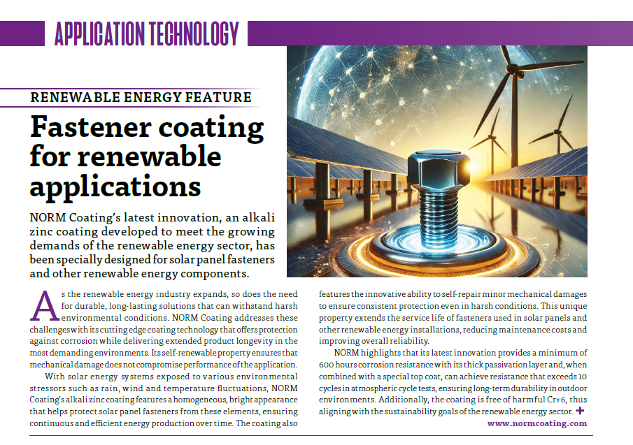 Fastener coating for renewable applications