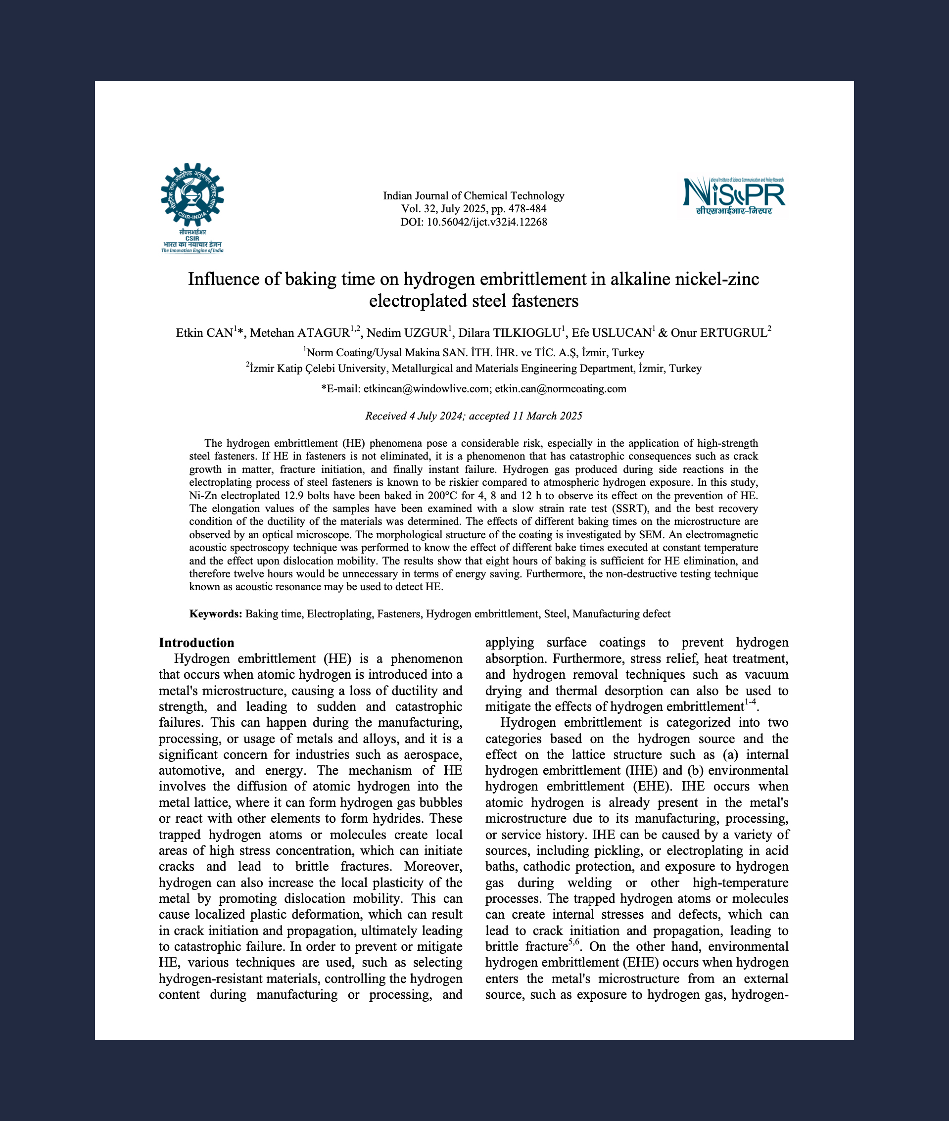 Influence of Baking Time on Hydrogen Embrittlement in Alkaline Nickel-Zinc Electroplated Steel Fasteners