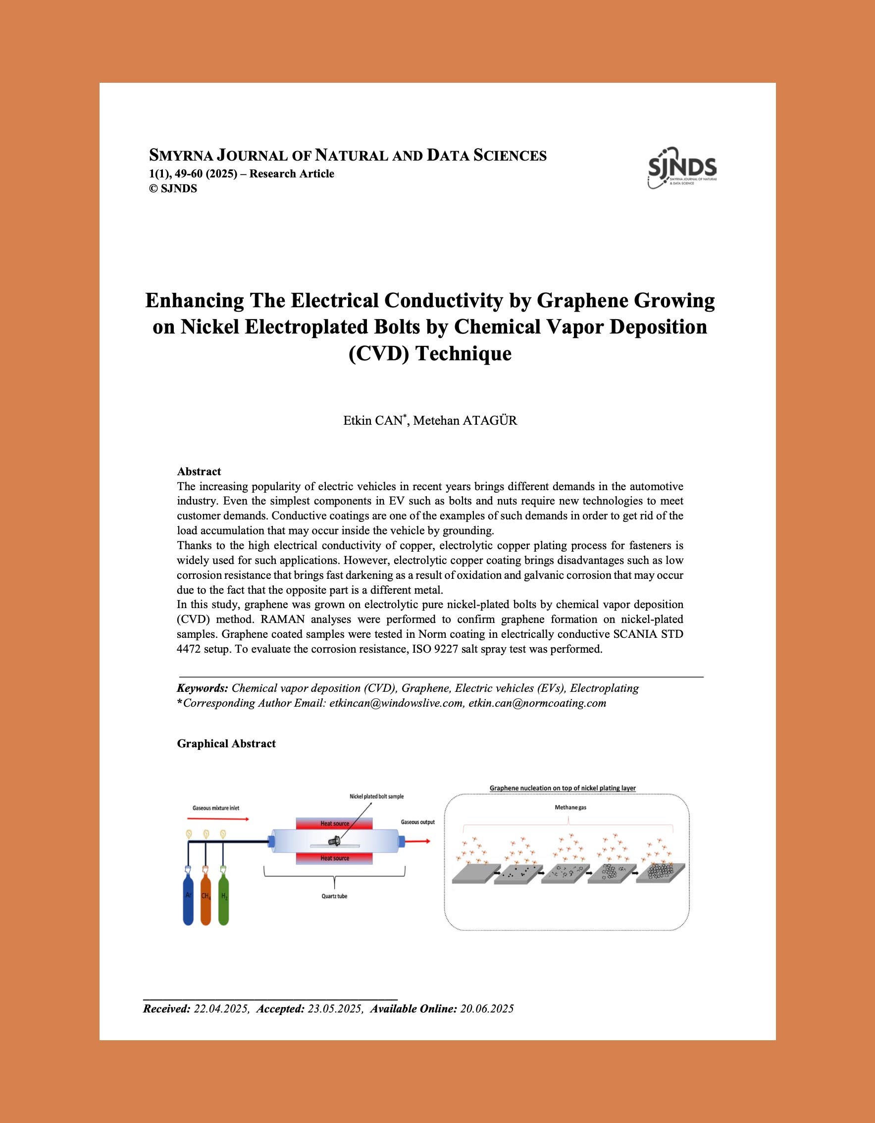 EnhanciThe Electrical Conductivity by Graphene Growing on Nickel Electroplated Bolts by Chemical Vapor Deposition (CVD) Technique
